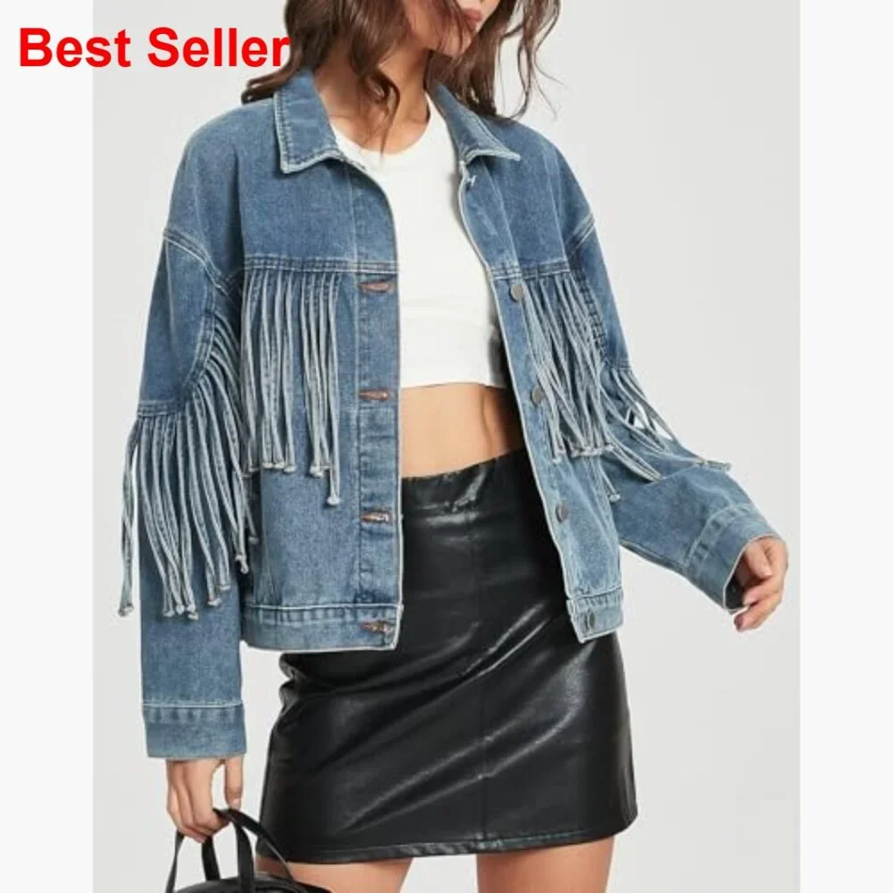 Oversized Denim Jacket with Fringe Tassel Long Sleeve Western Style - Picture 4 of 6